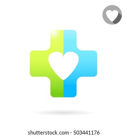 Heart icon on medical cross, concept of heart medical treatment, 2d vector illustration, isolated on white background, eps 10