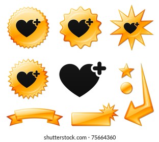 Heart Icon on Orange Burst Banners and Medals Original Vector Illustration