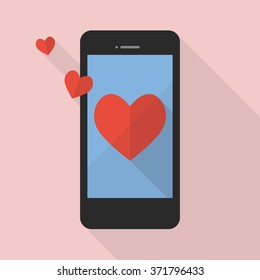 Heart icon on smart phone. Flat style design