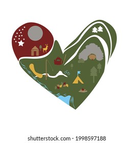 Heart icon with outdoor activities in warm colors. Tent, flag, water, trees, fishing pole, raft, bike, leaf, fire, backpack, walking stick, bear, dear, cave, mountain, log cabin, moon and stars.