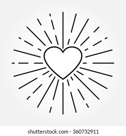 Heart icon. Outline heart silhouette with sunburst frame. Valentine heart background. Love design element. Vector illustration.