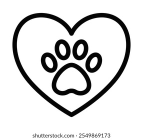 Heart icon with a paw print representing pet care. Editable stroke.