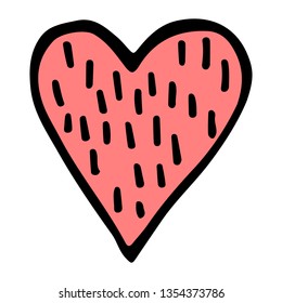 Heart icon pink hand drawn with ink and brush with decorative patterns. Love and marriage symbol. Vector element for wedding, engagement and Valentine’s day design. Isolated on white background