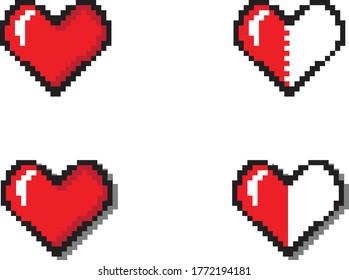 Heart icon - Pixel art heart. 8 bit style, dot red heart icon. Vector illustration of heart, half-filled