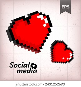 Heart icon in pixel style, vector illustration isolated on white background, red pichel logo with black frame, abstract reflection, digital image. Use for, social media, flyers, banner, sticker.