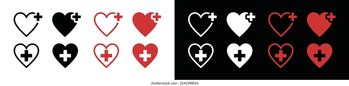Heart icon with plus sign collection. Heart with plus medical health care icon vector. Medicine heart for apps and websites, symbol illustration
