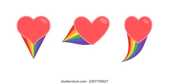 Heart icon with rainbow flag comet. Love diversity, pride month symbol.