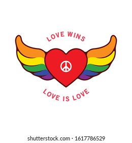 Heart Icon With Rainbow Wings and Peace Symbol. Celebrate LGBTQ Pride Month Vector Illustration - Vector