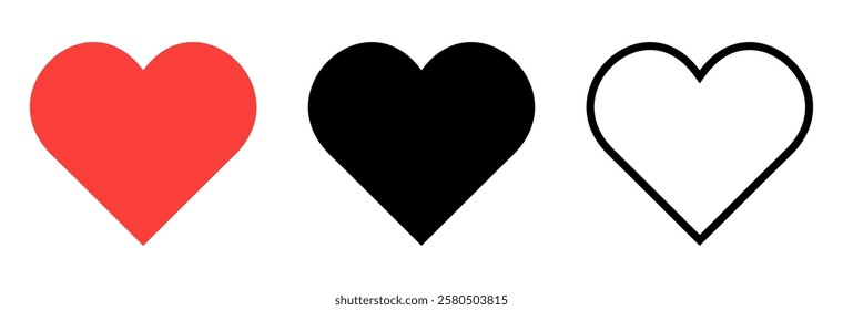 Heart icon. Red, black and linear heart icons. Set of hearts. Vector illustration