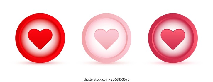 Heart icon in red circle. Romantic pink symbol button collection on white background