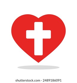 Heart icon. Red heart containing a white cross, symbolizing the christian faith and love. Vector illustration