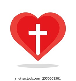 Icono del corazón. Corazón rojo que contiene una cruz blanca, que simboliza la fe cristiana y el amor. Ilustración vectorial
