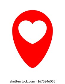 heart icon in red pin point isolated on white, pointer white heart shape for position marker, cute heart simple with pin point symbol, pin pointer for love location place or direction idea, vector