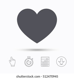 Heart icon. Romantic love symbol. Stopwatch timer. Hand click, report chart and download arrow. Linear icons. Vector
