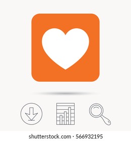 Heart icon. Romantic love symbol. Report chart, download and magnifier search signs. Orange square button with web icon. Vector