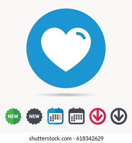 Heart icon. Romantic love symbol. Calendar, download arrow and new tag signs. Colored flat web icons. Vector