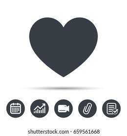 Heart icon. Romantic love symbol. Calendar, chart and checklist signs. Video camera and attach clip web icons. Vector