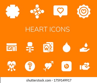 heart icon set. 14 filled heart icons.  Simple modern icons such as: Clinic, Hug, Love, Favorite, Heart, Music store, Help, Exercise, Cupid, Playing cards, Beats pill, Attack