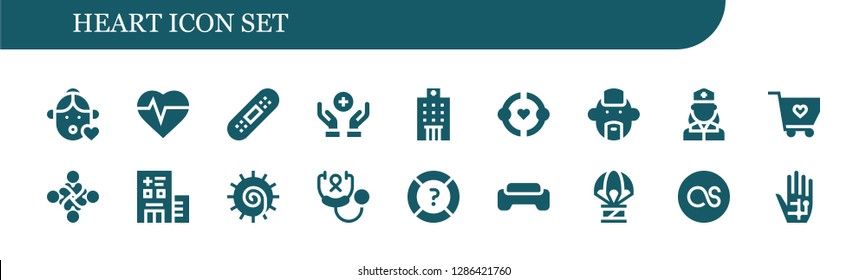  heart icon set. 18 filled heart icons. Simple modern icons about  - Girl, Heartbeat, Bandage, Donation, Hospital, Friendship, Punk, Nurse, Solidarity, Hug, Chakra, Stethoscope
