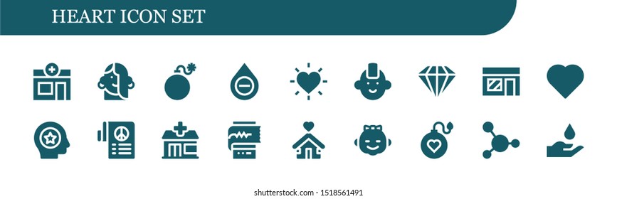 heart icon set. 18 filled heart icons.  Simple modern icons about  - Pharmacy, Girl, Bomb, Blood, Love, Punk, Diamond, Music store, Heart, Favorite, Peace, Cardiogram, Shelter