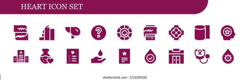 heart icon set. 18 filled heart icons.  Simple modern icons such as: Cardiogram, Homeless, Liver, Help, Casino, Hug, Bandages, Favorite, Hospital, Love potion, Wishlist, Blood