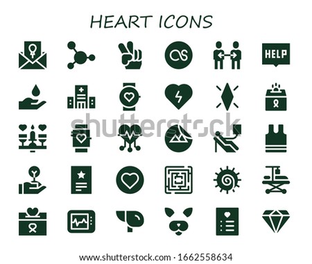 heart icon set. 30 filled heart icons. Included Invitation, Blood, Peace, Lastfm, Friendship, Help, Hospital, Smartwatch, Defibrillator, Diamond, Donation, Dating, Heart icons