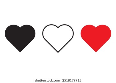 Heart icon set. Black, outlined, and red heart. Love symbols collection. Vector illustration.