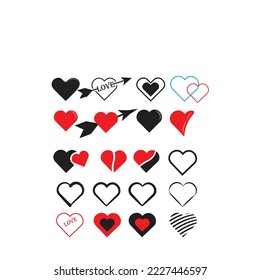 Heart icon set. Black Red love shape isolated on white background. Vector illustration