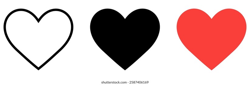 Heart icon. Set of black and red icons of heart isolated on white background. Love symbol. Vector illustration