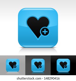 Heart icon set. Blue color glossy web button with black sign. Rounded square shape with shadow, reflection on white, gray, black background. Vector illustration design element 8 eps 