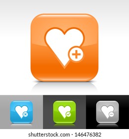 Heart icon set. Blue, orange, green, gray color glossy web button with white sign. Rounded square shape with shadow, reflection on white, gray, black background. Vector illustration element 8 eps 