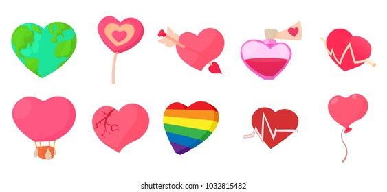 Heart icon set. Cartoon set of heart vector icons for web design isolated on white background