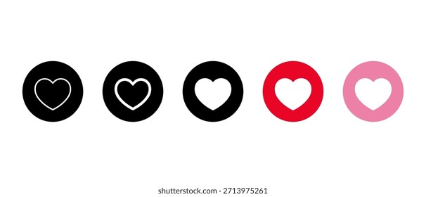 Icono de corazón en círculo. Esquema, sólido, rojo y rosado símbolo de variación de amor