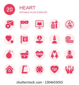 heart icon set. Collection of 20 filled heart icons included Favorite, Party, Ultrasound, Medicine, Ngo, Love, Hospital, Peace, Birthday girl, Belts candy, Bomb, Heart, Same sex marriage