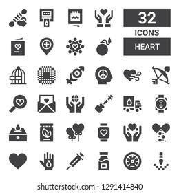 heart icon set. Collection of 32 filled heart icons included Pixel, Pressure, Medicine, Vaccine, Blood donation, Heart, Pulsometer, balloon, Donation, Smartwatch, Invitation