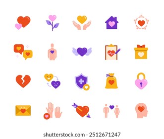 Heart icon set. Colourful signs including heartbeat, charity, love, passion and relationships. Design element for app or website. Flat vector illustration collection isolated on white background