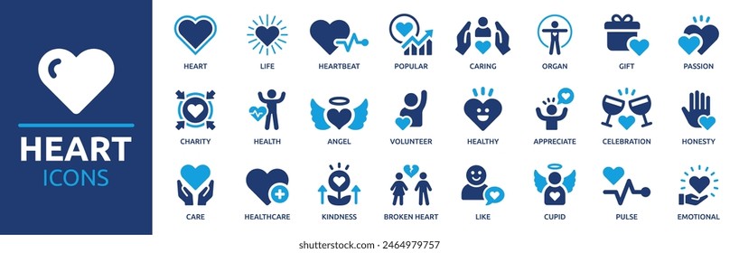 Heart icon set. Containing life, heartbeat, caring, passion, healthcare, emotional, like, charity and more. Solid vector icons collection.