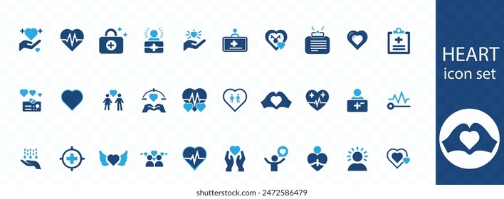 Heart icon set. Containing life, heartbeat, caring, passion, healthcare, emotional, like, charity and more. Solid vector icons collection