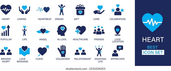 Heart icon set. Containing life, heartbeat, caring, passion, healthcare, emotional, like, charity and more. Solid vector icons collection.