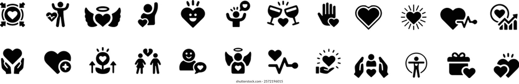 Heart icon set. Containing life, heartbeat, caring, passion, healthcare, emotional, like, charity. Vector illustration