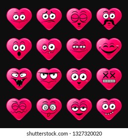Heart icon set of cute happy smiley emotions,flat design vector illustration