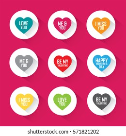 Heart icon set with different greetings - flat vector design in vibrant colors