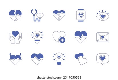 Heart icon set. Duotone style line stroke and bold. Vector illustration. Containing heart, health, check, puzzle, rate, protection, lightbulb, like, button, envelope, attack, light, bulb.