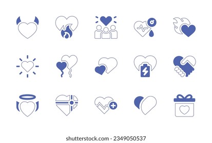 Heart icon set. Duotone style line stroke and bold. Vector illustration. Containing heart, passion, love, hypertension, glow, balloon, hearts, handshake, wings, gift, beat.