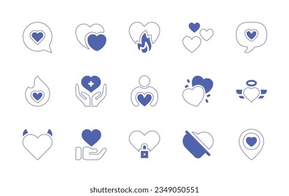 Heart icon set. Duotone style line stroke and bold. Vector illustration. Containing like, heart, speech, bubble, passion, healthcare, charity, devil, closed, no, love, location.