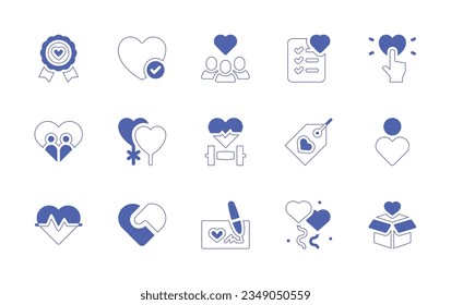 Heart icon set. Duotone style line stroke and bold. Vector illustration. Containing medal, heart, group, wishlist, reaction, couple, balloon, rate, label, user, beat, donation, charity.