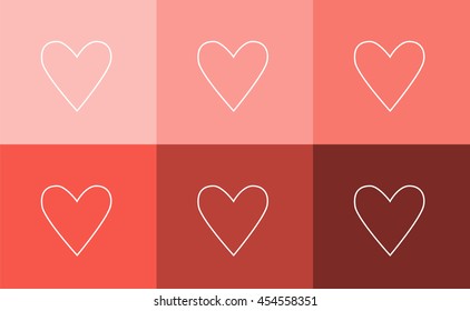 Heart icon set, flat design, vector outlines with background in color