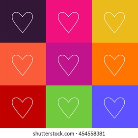 Heart icon set, flat design, vector outlines with background in color