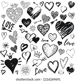 Heart icon set, hand drawn doodle sketch style. Handdrawn illustration by brush, pen, ink. Cute crown, arrow, stars symbols. Vector drawing for Valentine's day design, logo, card, print, textil & more