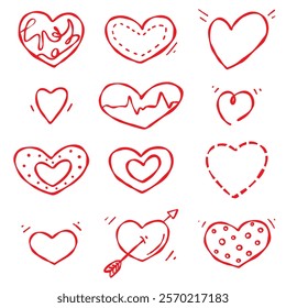 Heart Icon Set. Hand drawn doodle style. Various heart elements, red contour isolated on a white background. Valentine s Day, wedding, anniversary, greeting cards, invitations, stickers, web design